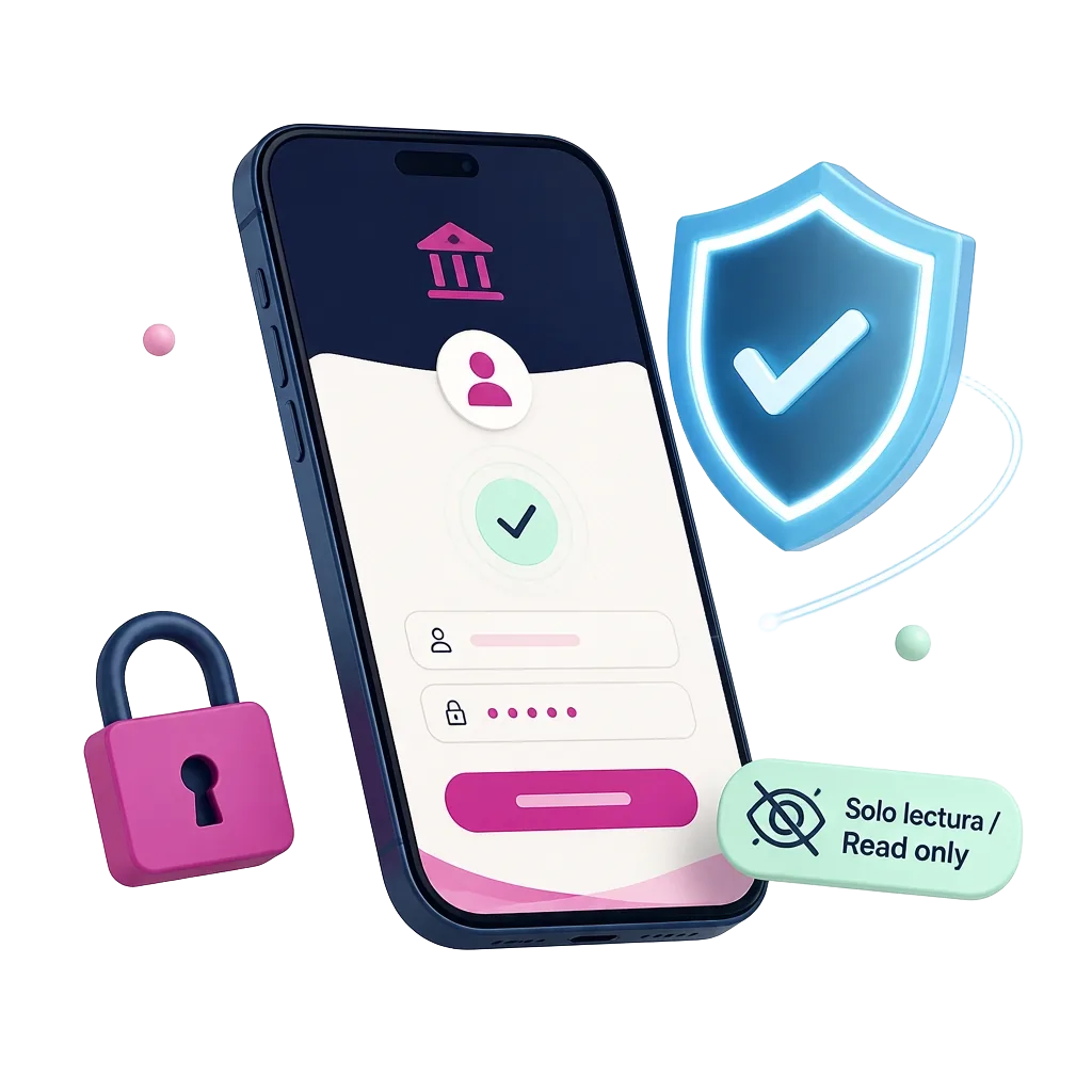 Celular con acceso bancario protegido: Linkify solo puede leer movimientos, nunca operar dinero.
